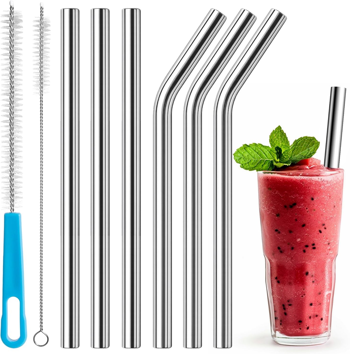 Stainless Steel Smoothie Straws-0.4" Extra Wide Reusable Metal Drinking Straws for Milkshake, Bubble Tea, Beverage, 6 Pack Metal Straw with Cleaning Brush