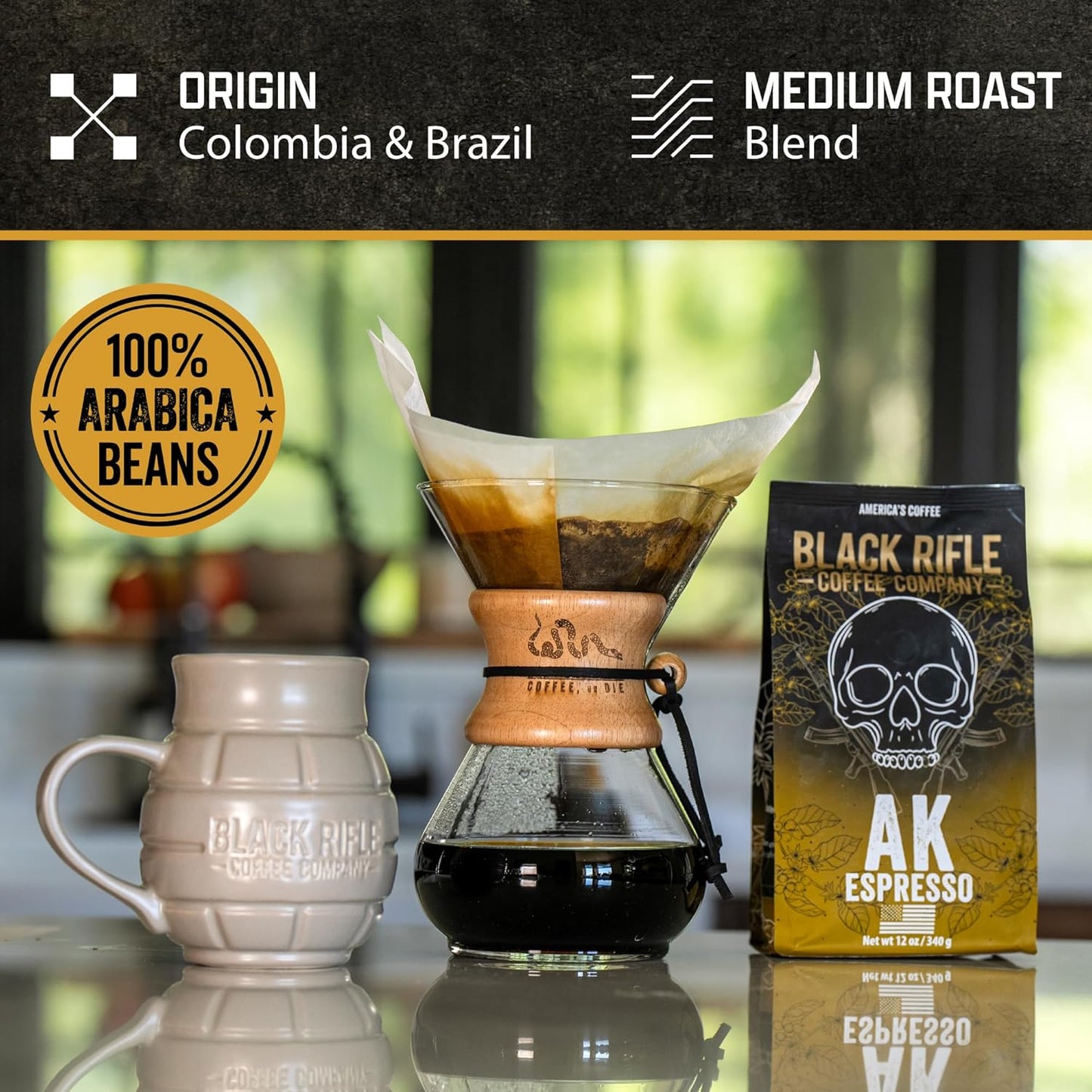 Black Rifle Coffee Company Ground Coffee Medium Roast - Roasted Blend Made from Pure Arabica Beans - Colombian & Brazilian Beans - Veteran Founded & American Made (AK Espresso, 12oz Bag)