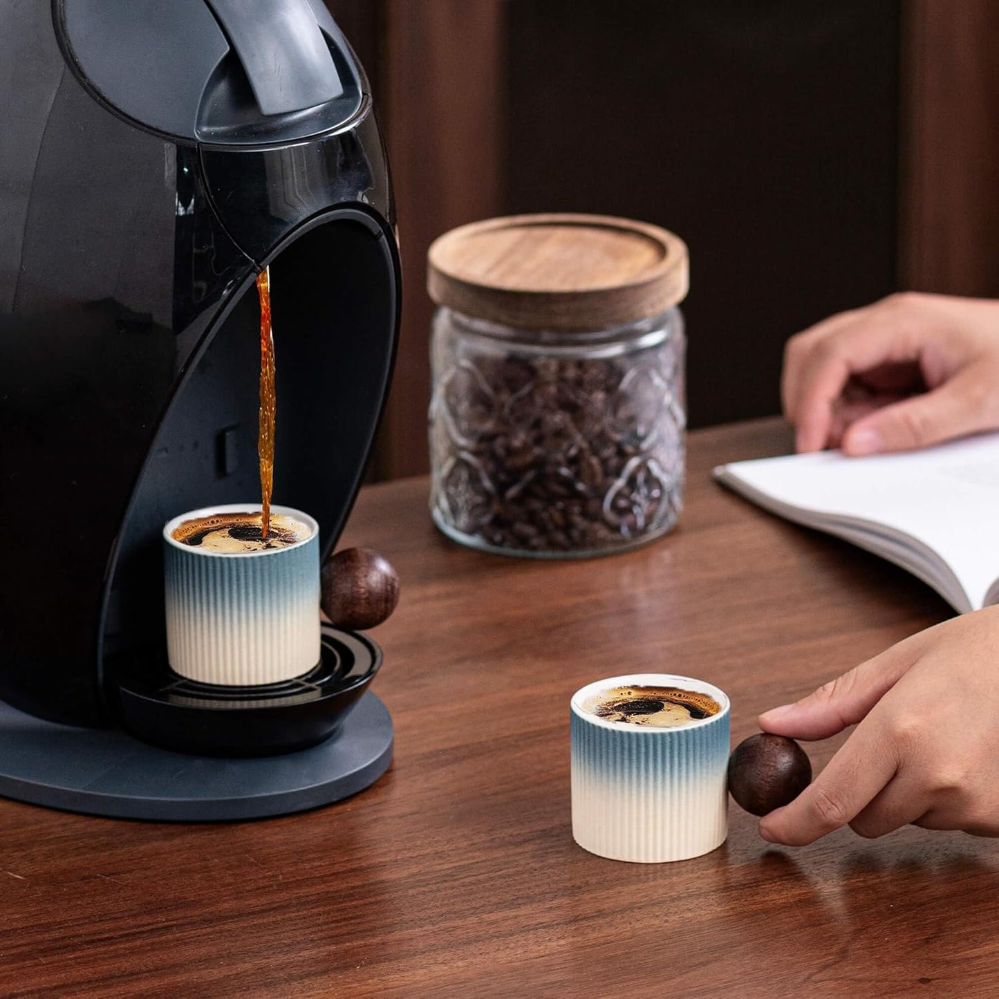Ceramic Mini Espresso Cups Demitasse Cups with Round Wooden Handle Vertical Stripes Tea Cups (Beige&Blue, 2pcs)