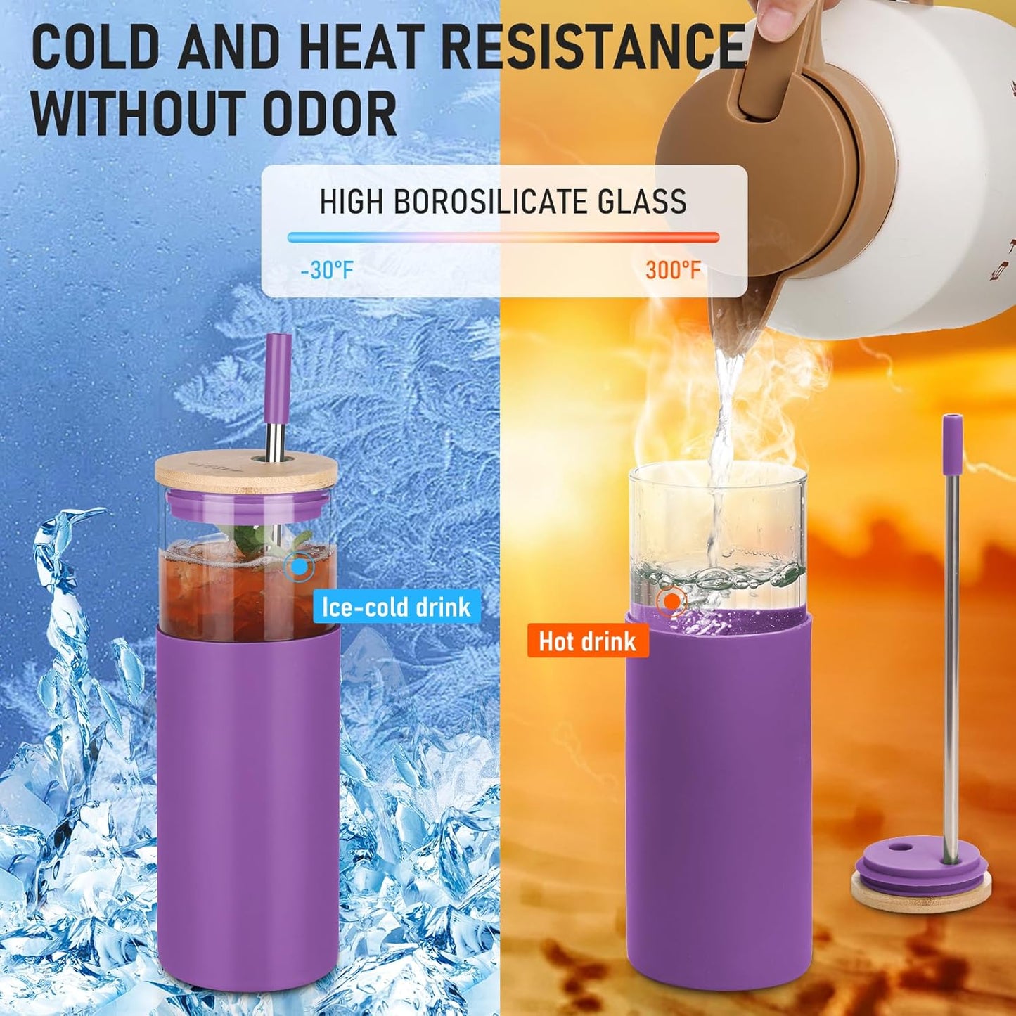 Glass Tumbler w/Lids & Straw: 24 oz Reusable Glass Cup w/Bamboo Lid, Stainless Steel Straws, BPA-Free, Leak-Proof, Dishwasher Safe for Coffee/Smoothies/Hot Beverage, Travel/Office/Home Use, 2-Pk