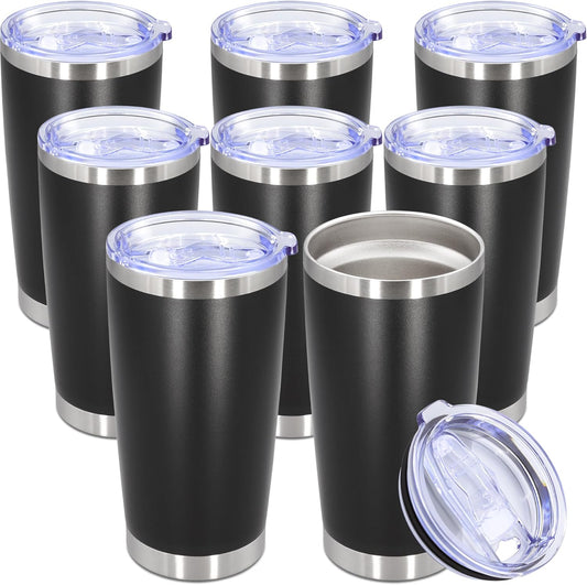 20oz Tumbler Bulk Stainless Steel Tumbler Cup with Lid Vacuum Insulated Double Wall Travel Mug, Durable Powder Coated Travel Coffee Tumbler Mug for Hot & Cold Drinks, Black,8 Pack