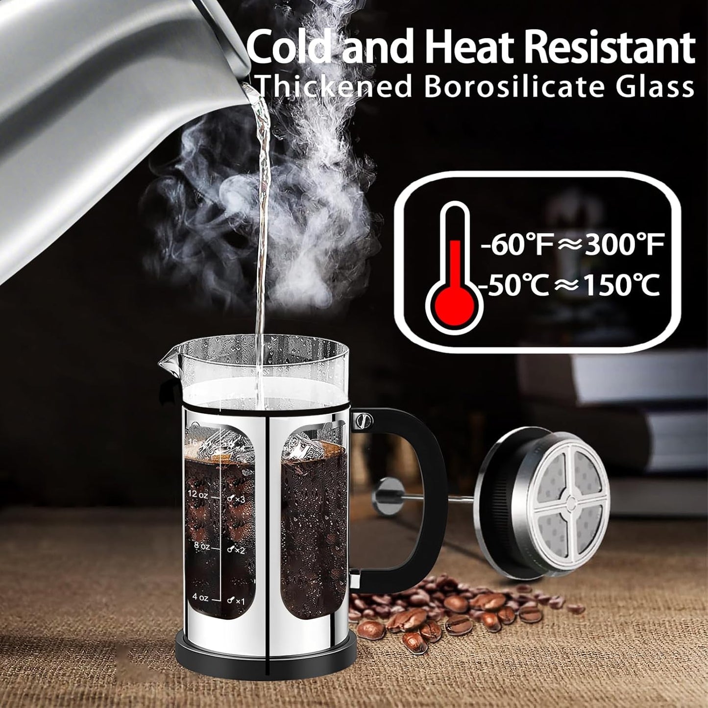 French Press Coffee Maker (21oz 600ML 3-4Cup) Coffee Press, with 4 Filters System, Heat Resistant Thickness Borosilicate Glass, Cold Brew Coffee Tea Pot Gifts (Silvery)