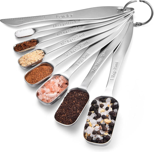 18/8 Stainless Steel Measuring Spoons: Doosu Heavy Duty Rectangular Spoon Square Teaspoon Tablespoon Scoop with Slim Long Handle in Narrow Spice Jar for Kitchen Baking Cooking (Set of 8 with Leveler)