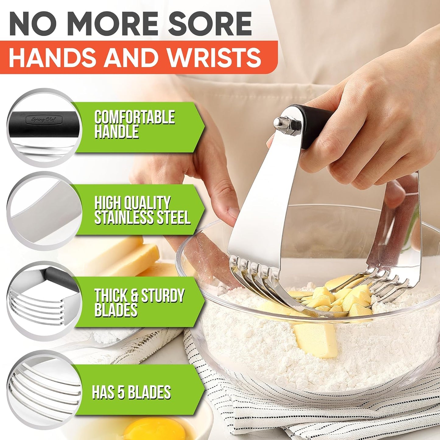 Spring Chef Dough Blender, Top Professional Pastry Cutter with Heavy Duty Stainless Steel Blades, Large Size, Black