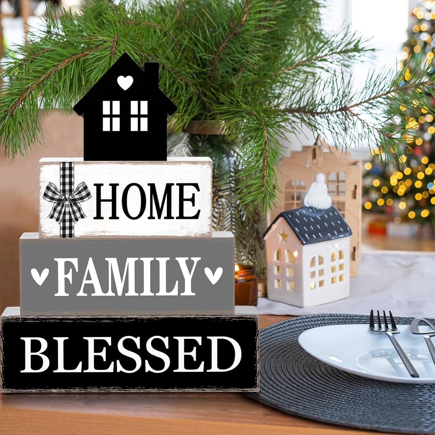 Rustic Farmhouse Table Decor Blessed Signs for Home Decor Neutral Home Family Wood Sign Black and White Modern Tabletop Centerpiece for Kitchen Shelf Desk Tiered Tray Decoration