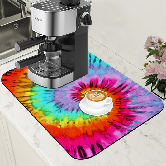 Dish Drying Mat Colorful Tie Dye Coffee Bar Mat for Countertop Absorbent Rubber Backed Hide Stain Dish Drainer Rack Pad Coffee Maker Espresso Machine Dining Room Decoration 11.8 x 19.7 Inch