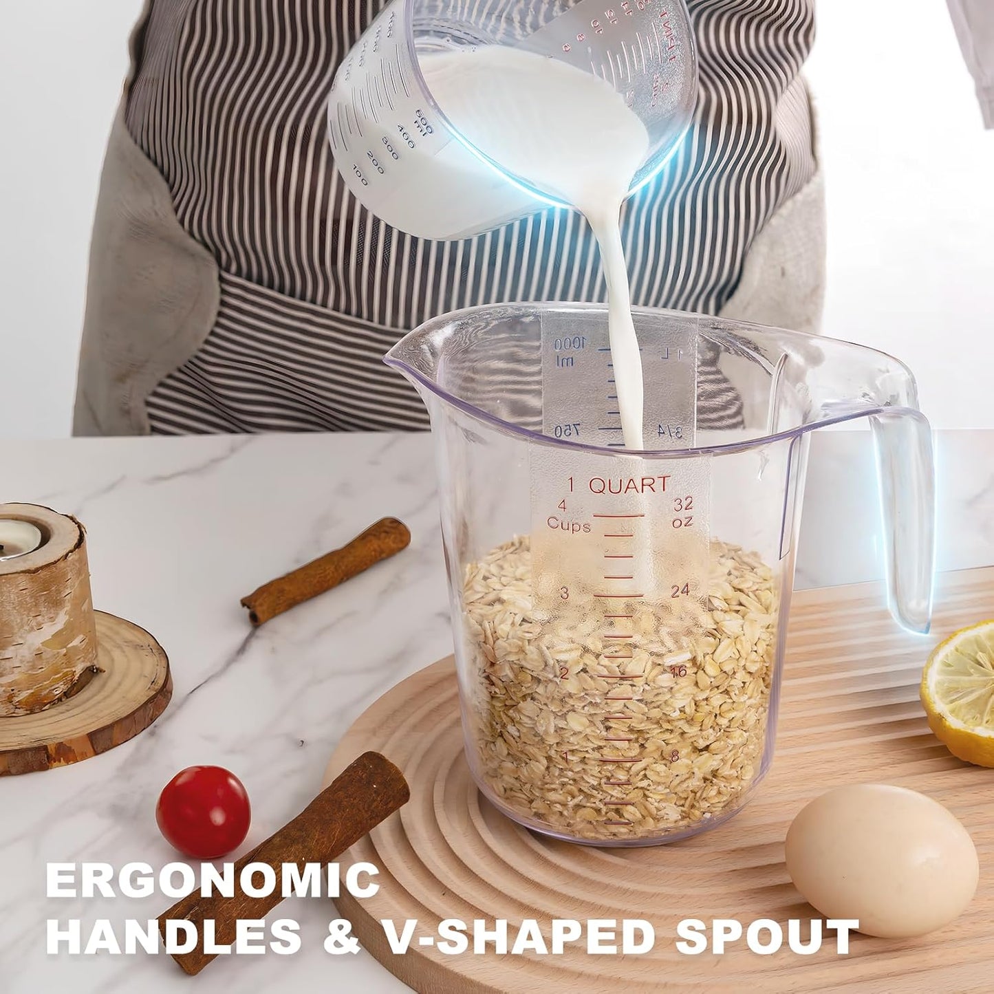 DaYammi Measuring Cups 4-Piece, Unbreakable Food-Grade Plastic Measuring Cup for Dishwasher, 1/2/4/8-Cup Nesting Liquid Measuring Cups for Prepping, Baking, Cooking, Readable Markings, Clear