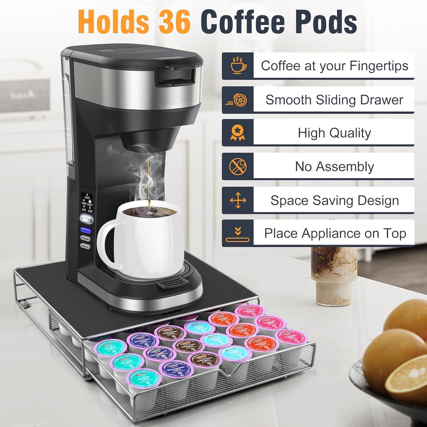 Coffee Pod Drawer, K-Cup Holder Drawer for 36 Coffee Pods Storage, Under Coffee Pot Storage and Sliding Drawer, Office or Home Kitchen Counter Organizer