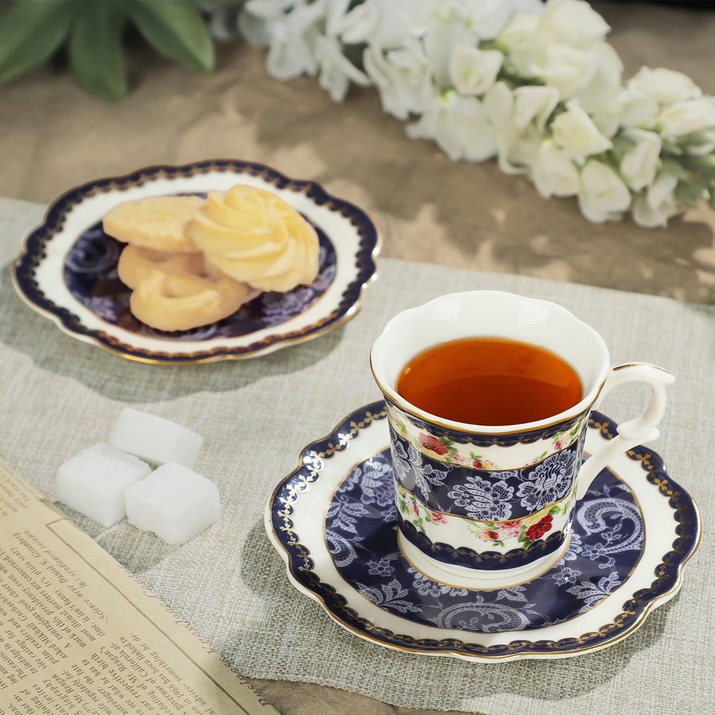 fanquare 2.5 Ounce Espresso Cups Set of 6, 12 Pieces Ceramic Demitasse Cup and Saucers, Blue Lace Pattern Espresso Mugs for Coffee Bar Home