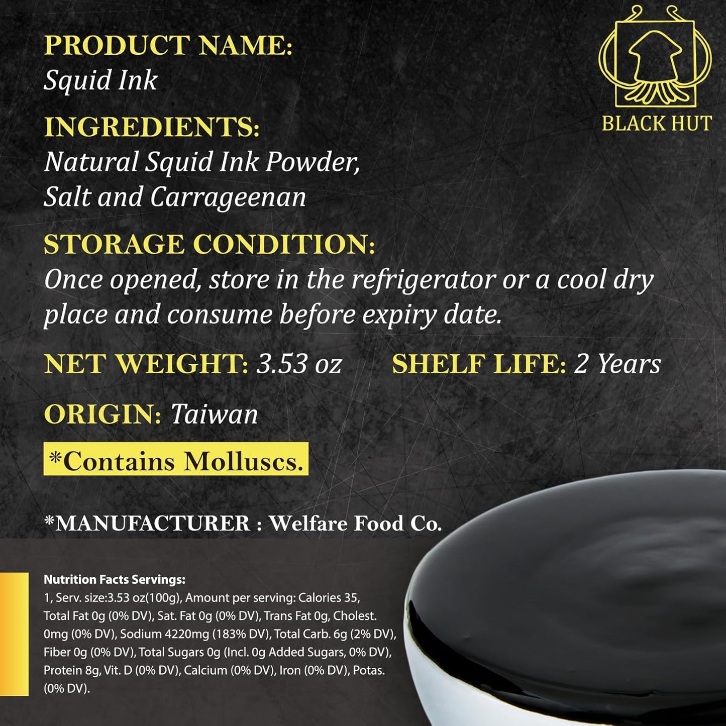 (5g x 20 Pack) Black Hut Squid Ink, Food Coloring Tinta Calamari for Rice Noodles Pasta Spaghetti Risotto, Cuttlefish Ink for Baking mix, Halal Certificate, Contains Molluscs, 3.53 oz / 100 g