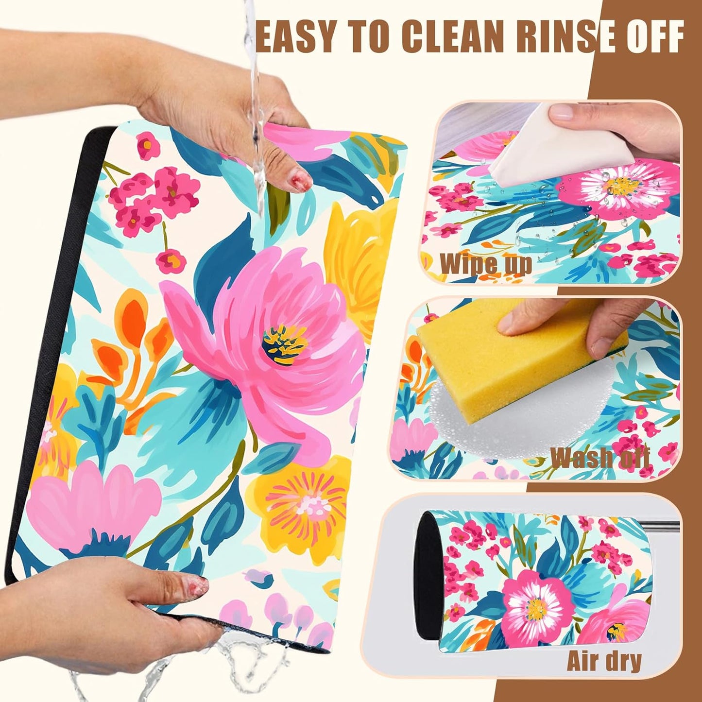 Watercolor Floral Dish Drying Mat for Kitchen Counter Coffee Bar Mat Hide Stain Absorbent Rubber Backed Coffee Maker Espresso Machine Accessories 11.8 x 19.7 Inch