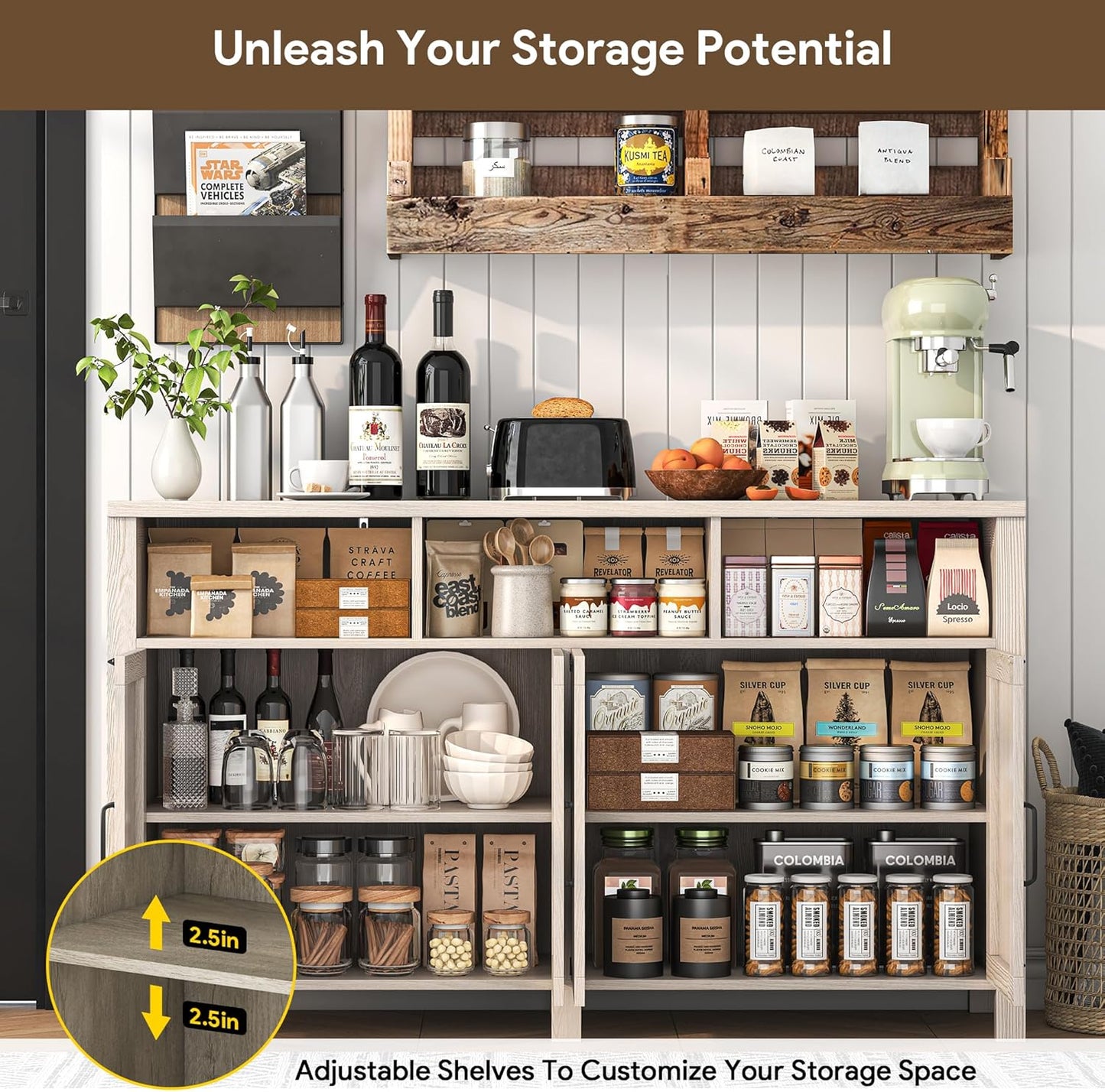 Buffet Cabinet with Storage Farmhouse with 4 Doors, 55'' Large Kitchen Storage Cabinet Wood Coffee Bar Buffet Sideboard for Kitchen, Dining Room, Entryway