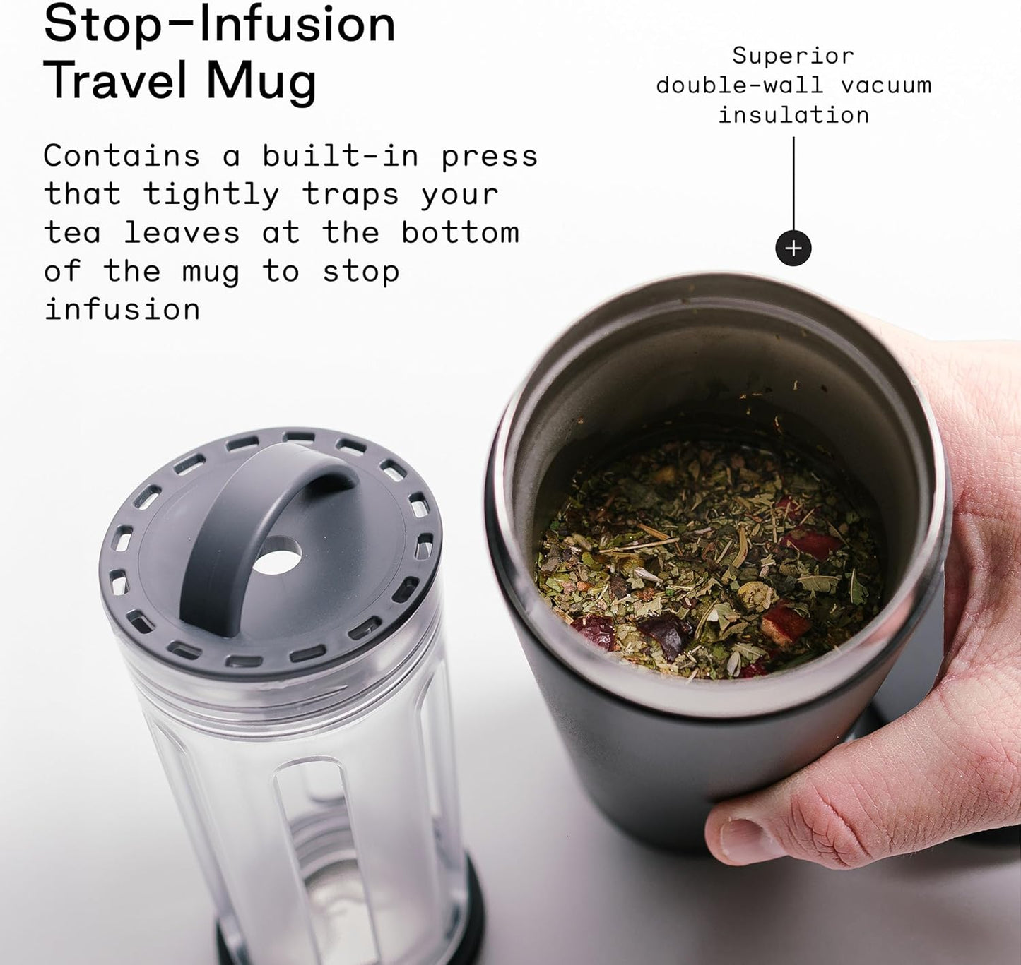 Firebelly Tea, Travel Tea Infuser Mug with Strainer, Insulated Tumbler for Loose Leaf Tea or Coffee, Leakproof Bottle for Hot or Iced Drinks, Stainless Steel Thermos with Lid, Noir