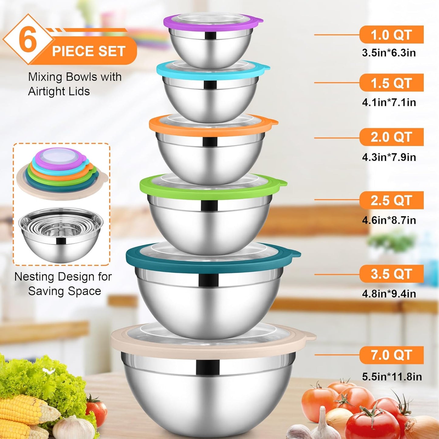 LIANYU Mixing Bowls with Visible Lid Sets of 6, Stainless Steel Metal Salad Nesting Bowls, Large & Small 7, 3.5, 2.5, 2, 1.5, 1QT Size For Kitchen, Baking, Storage, Food Prepping, Serving, Multi-Color