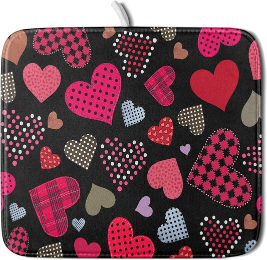 Happy Valentine's Day Black Dish Drying Mat for Kitchen Counter,Pink Love Heart Drying Mat 16 x 18 Inch with High Absorbent Microfiber Drainer Mat for Coffee Bar