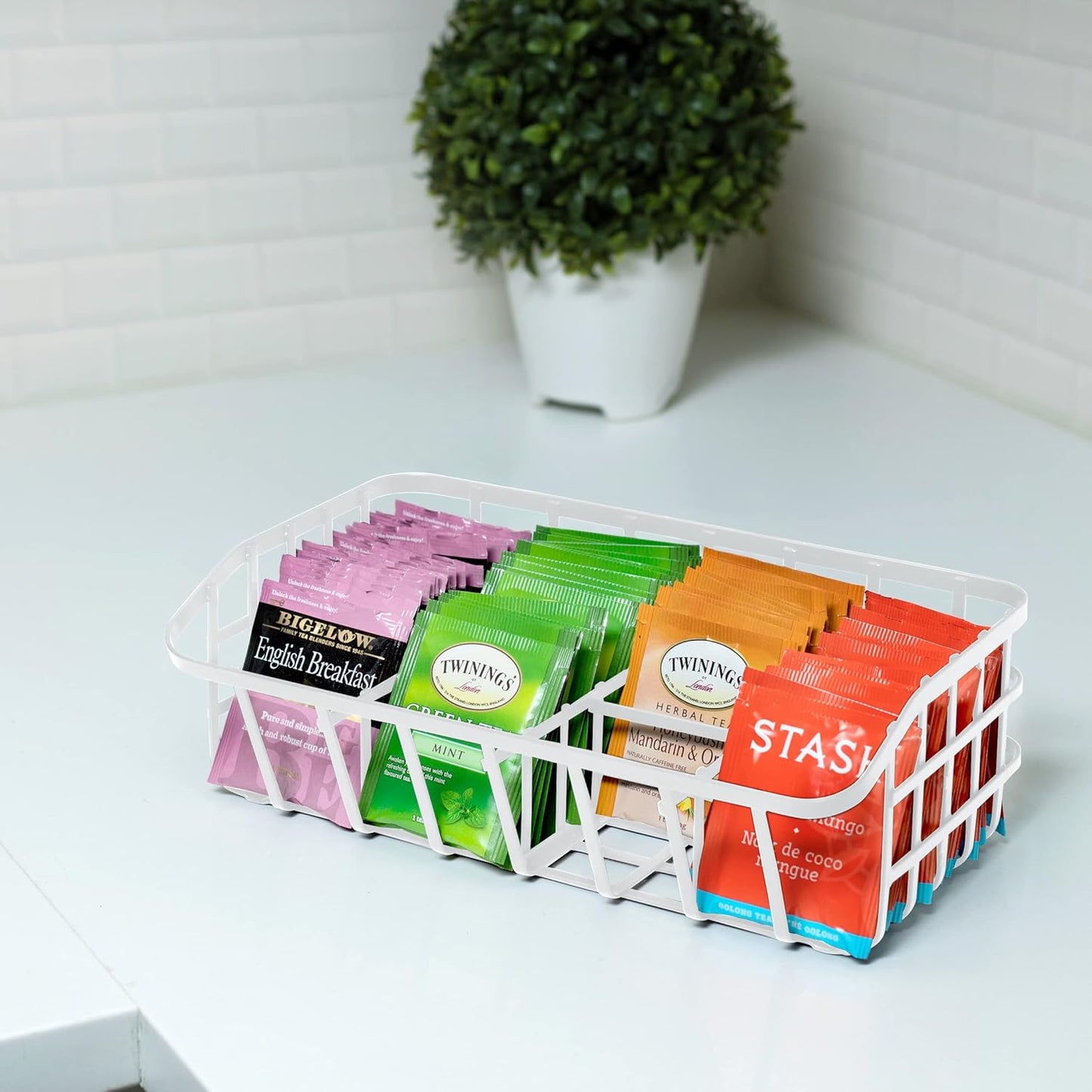 Tea Bag Organizer Caddy - Metal Tea Box Storage Holder for Cups, Pods, Packets, Condiment Accessories - White