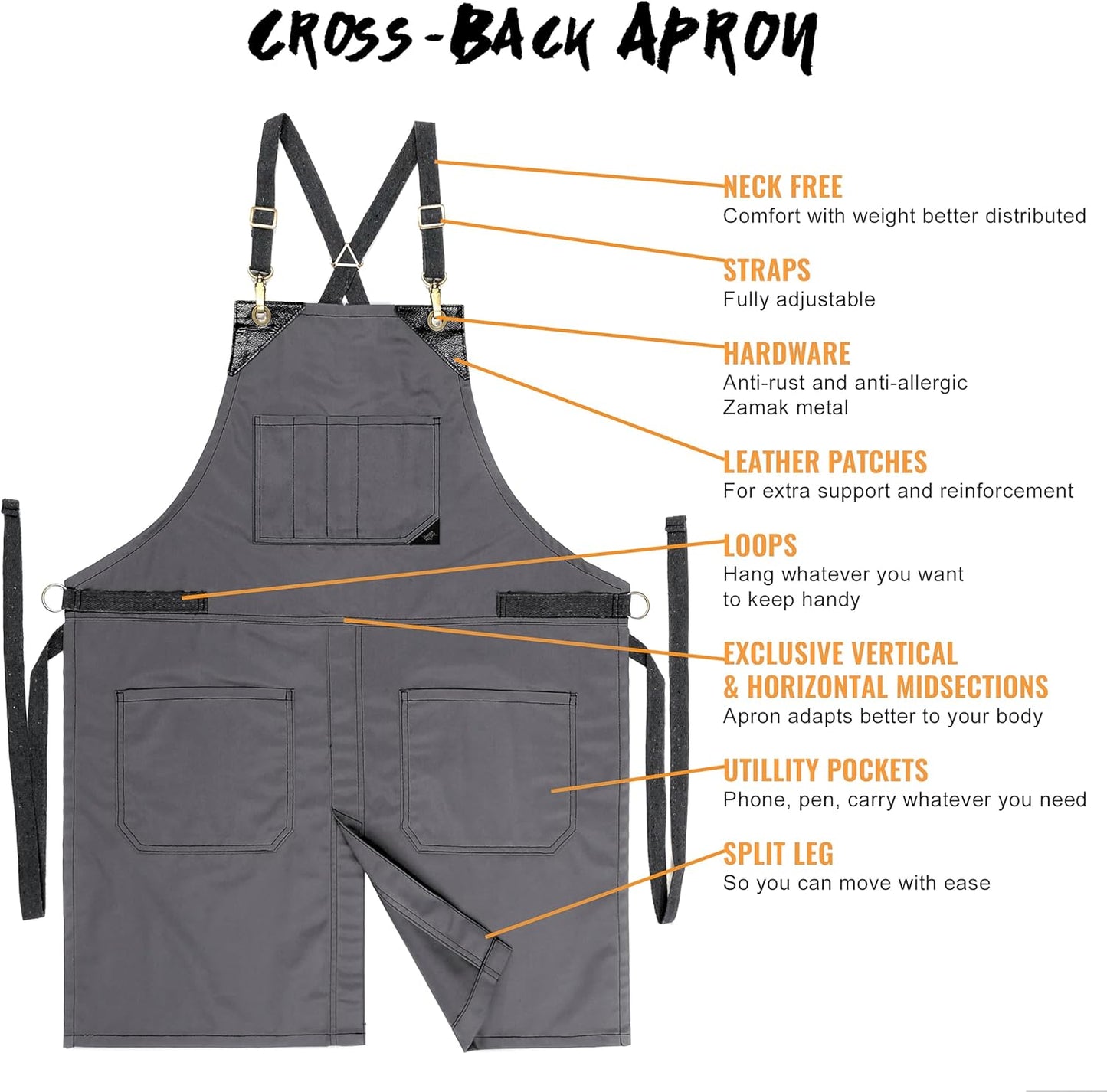 Under NY Sky Cross-Back Slate Gray Apron - Durable Denim with Leather Reinforcement and Split-Leg - Adjustable for Men and Women - Pro Chef, Tattoo, Baker, Barista, Bartender, Stylist, Server Aprons