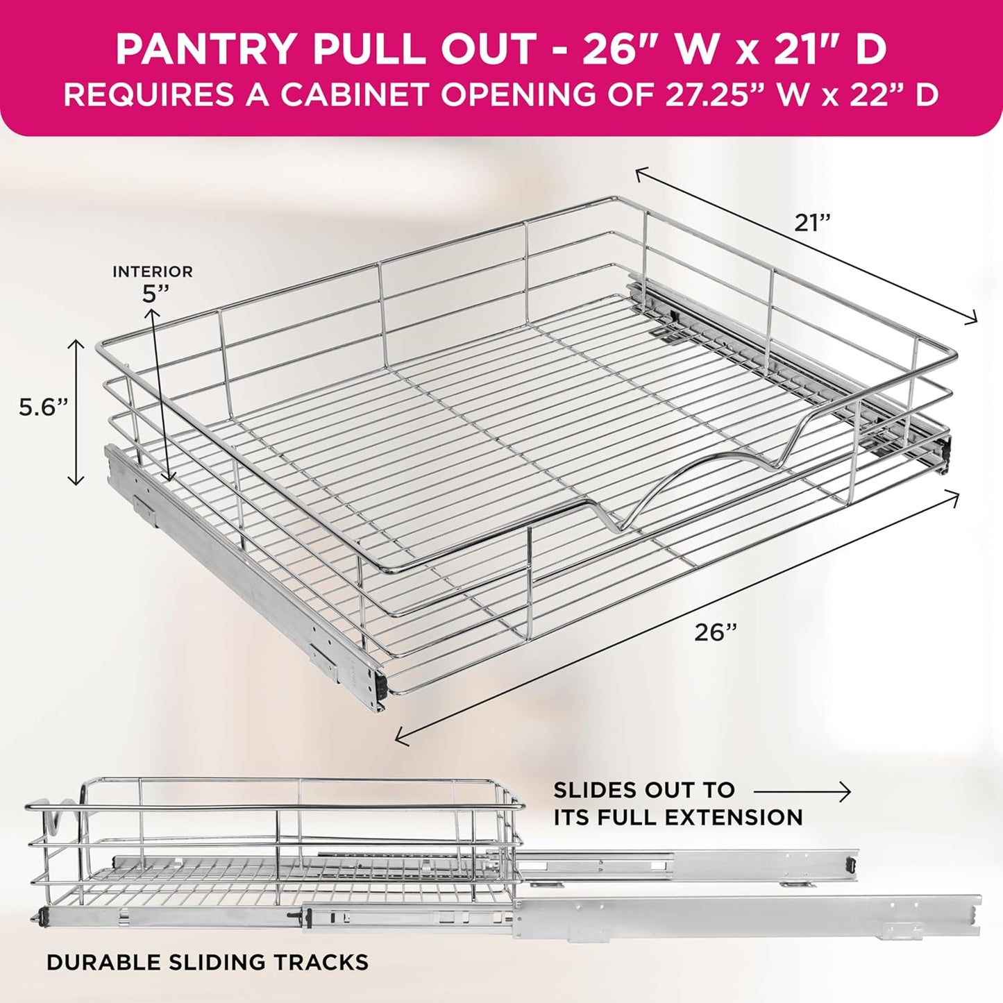 HOLDN’ STORAGE Heavy-Duty Premium Collection Pull Out Cabinet Organizer, Cabinet Drawer Slide Outs, Lifetime Limited Warranty - Basket Size 26" W x 21" D x 5" H, Anti-Rust Chrome Finish