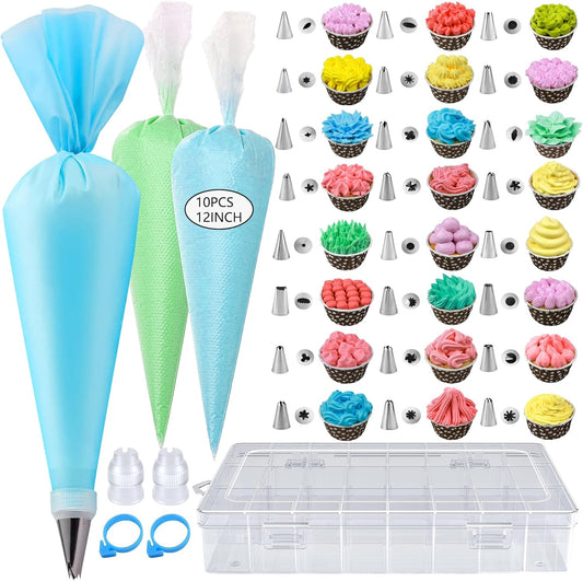 40PCS Piping Bags and Tips Set 12 Inch Pastry Bags Cakes Decorating Kit Supplies, 10 Icing Bags Disposable with 1 Reusable Piping Bags, 24 Frosting Tips, 2 Couplers, 1 Storage Box
