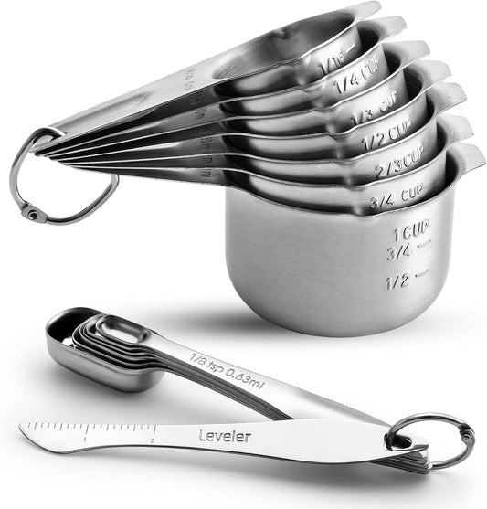 Spring Chef Stainless Steel Measuring Cups and Spoons Set of 14 with Leveler, Nesting Kitchen Metal Measuring Cups and Spoons Set for Dry and Liquid Ingredients, Perfect for Cooking & Baking