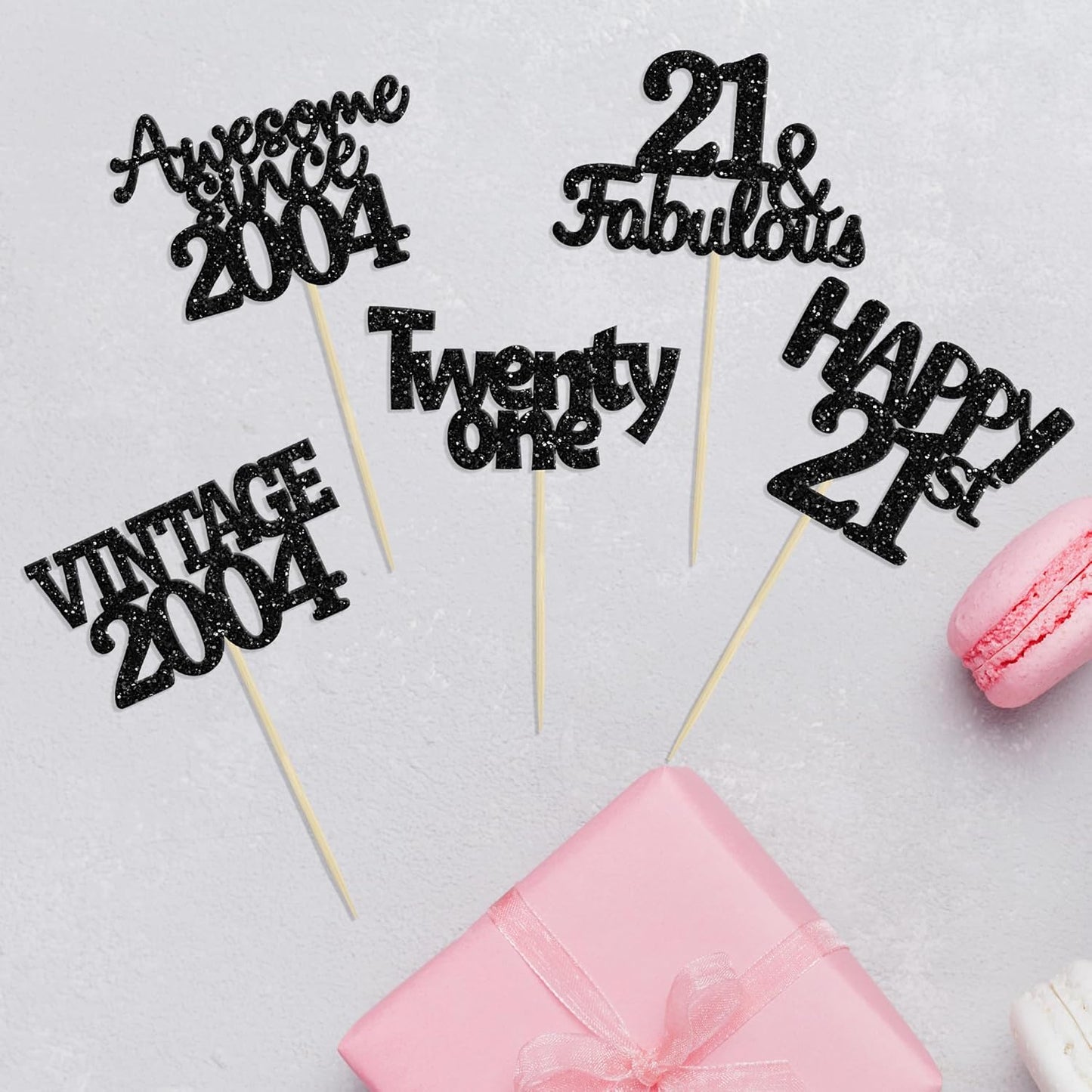 Gyufise 30pcs Vintage 2004 Cupcake Toppers Glitter Twenty-One Happy 21st Cupcake Picks Fabulous Anniversary Party Supplies Black