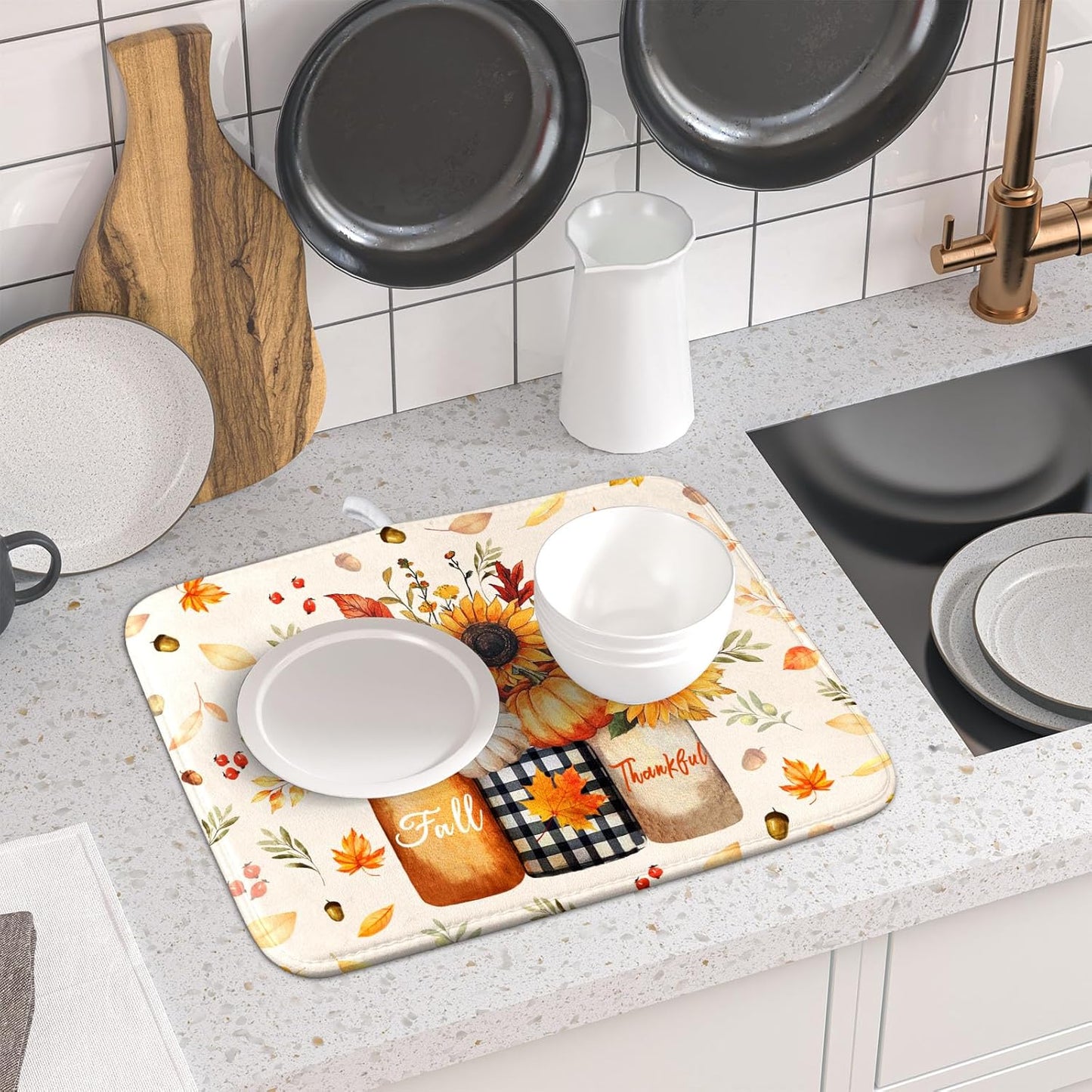 Autumn Sunflowers Vase Dish Drying Mat for Kitchen Counter,Fall Pumpkin Maple Leaves Drying Mat 16 x 18 Inch with High Absorbent Microfiber Dish Drying Drainer Mat for Coffee Bar