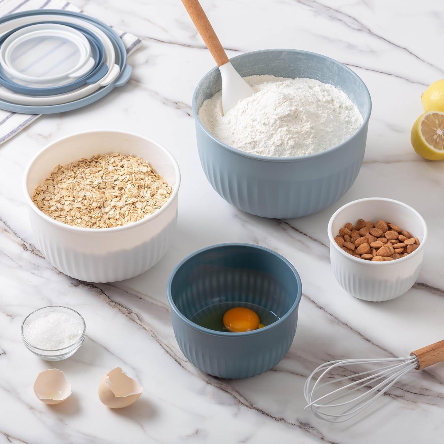 COOK WITH COLOR Prep Bowls with Lids- Wide and Deep Nesting Plastic Small Mixing Bowl Set with Lids, 8 Piece Set - Deep Bowls, Blue/Grey