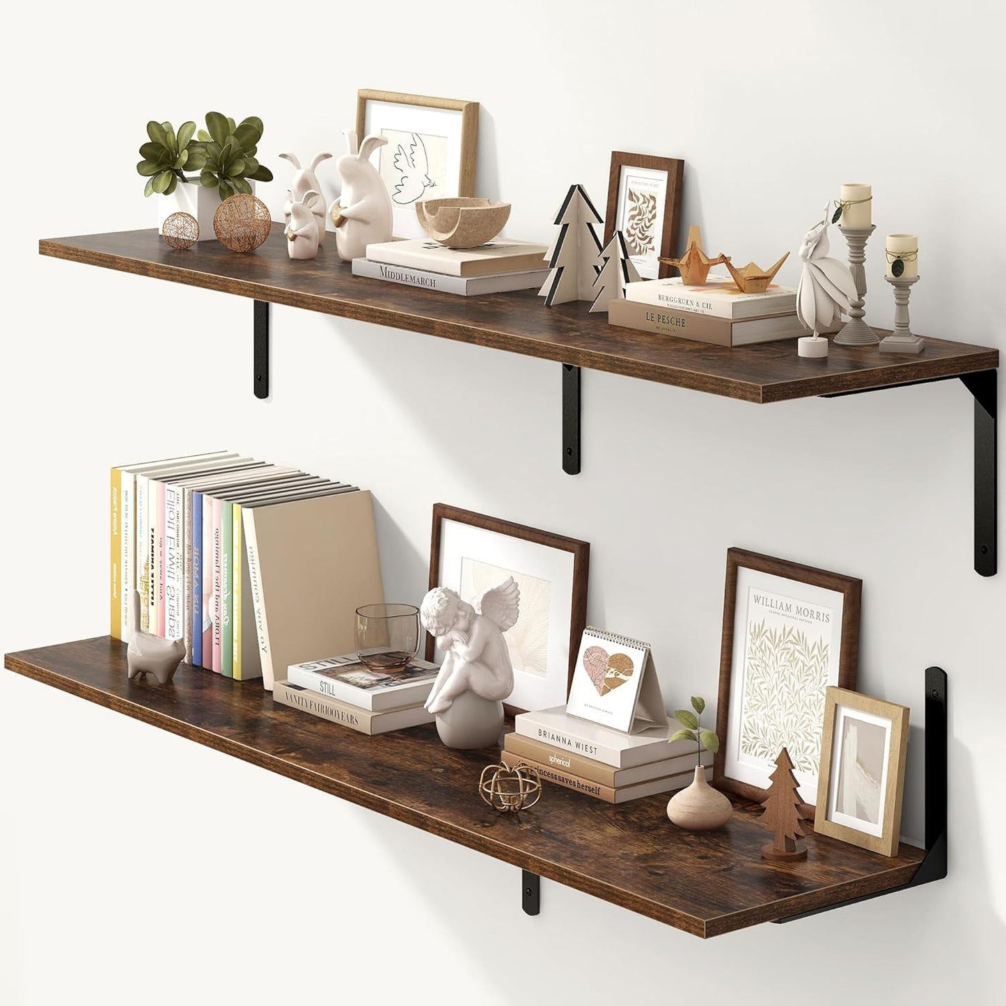 Fun Memories Rustic Brown 12 Inch Deep Floating Shelves Set of 2, Wall Mounted Shelf with Metal Brackets, Rustic Wood Wall Shelf for Bathroom, Kitchen and Living Room