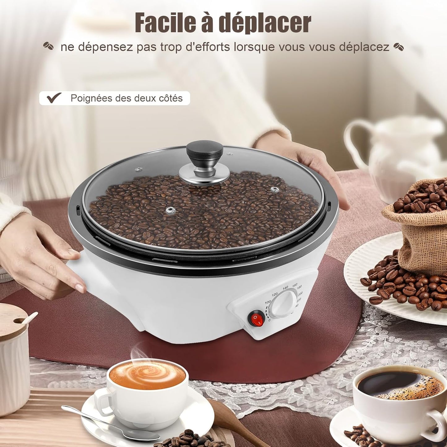 Electric Coffee Roaster, 110V 800W Household Coffee Bean Roasting Baking Machine w/Lid, 500g Capacity(Raw Coffee Beans), 0-240℃ Temperature Adjustment, Non-Stick, for Cafe Shop Home Use
