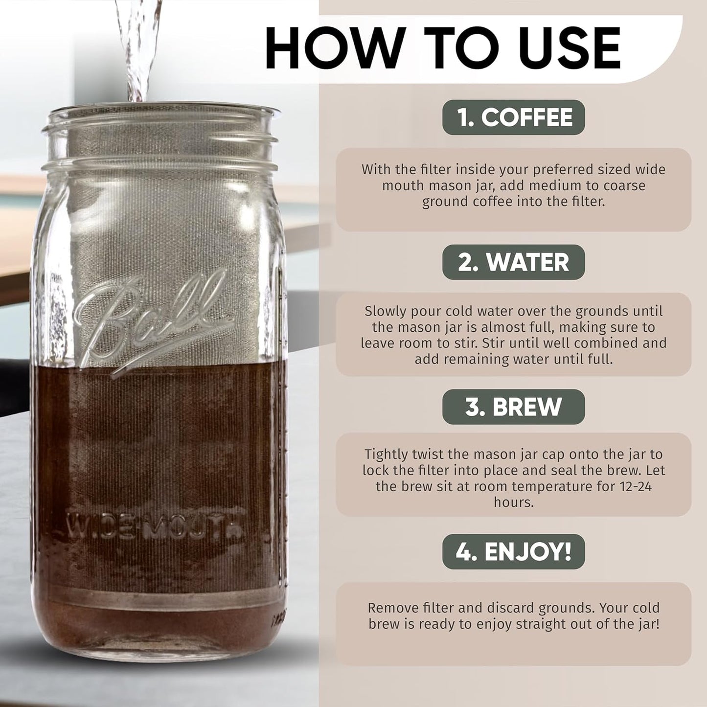 Altura The TUBE+ Cold Brew Coffee Maker and Tea Infuser for Wide Mouth Mason Jars - Stainless Steel Cold Brew Filter Strainer for Iced Coffee, Fruit Water & More - (64oz/2qt)