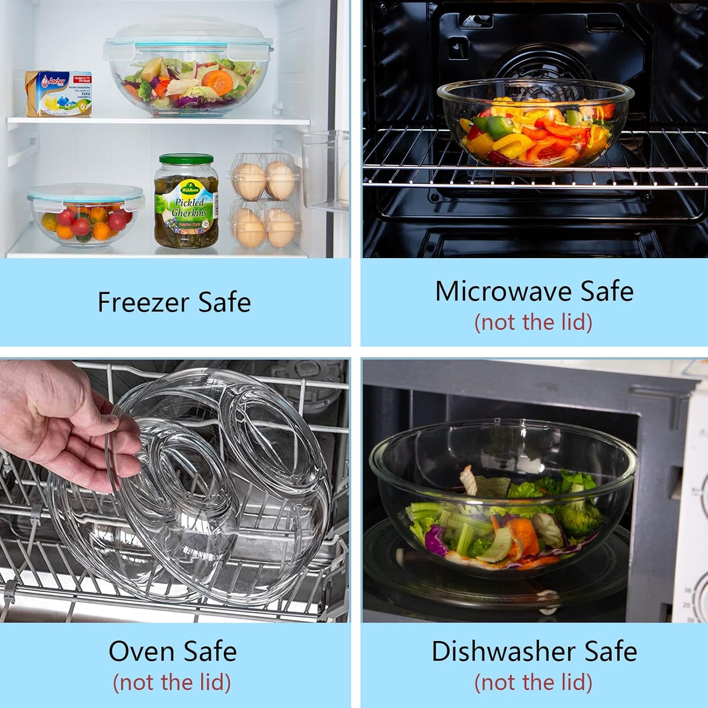 WhiteRhino Glass Mixing Bowl with Lids Set of 5, 0.2, 0.5, 1.1, 2.1, 3.75 QT, Large Salad Bowls with BPA-Free Lids, Space-Saving Nesting Bowls for Kitchen Food Storage, Glass bowl for Cooking, Baking