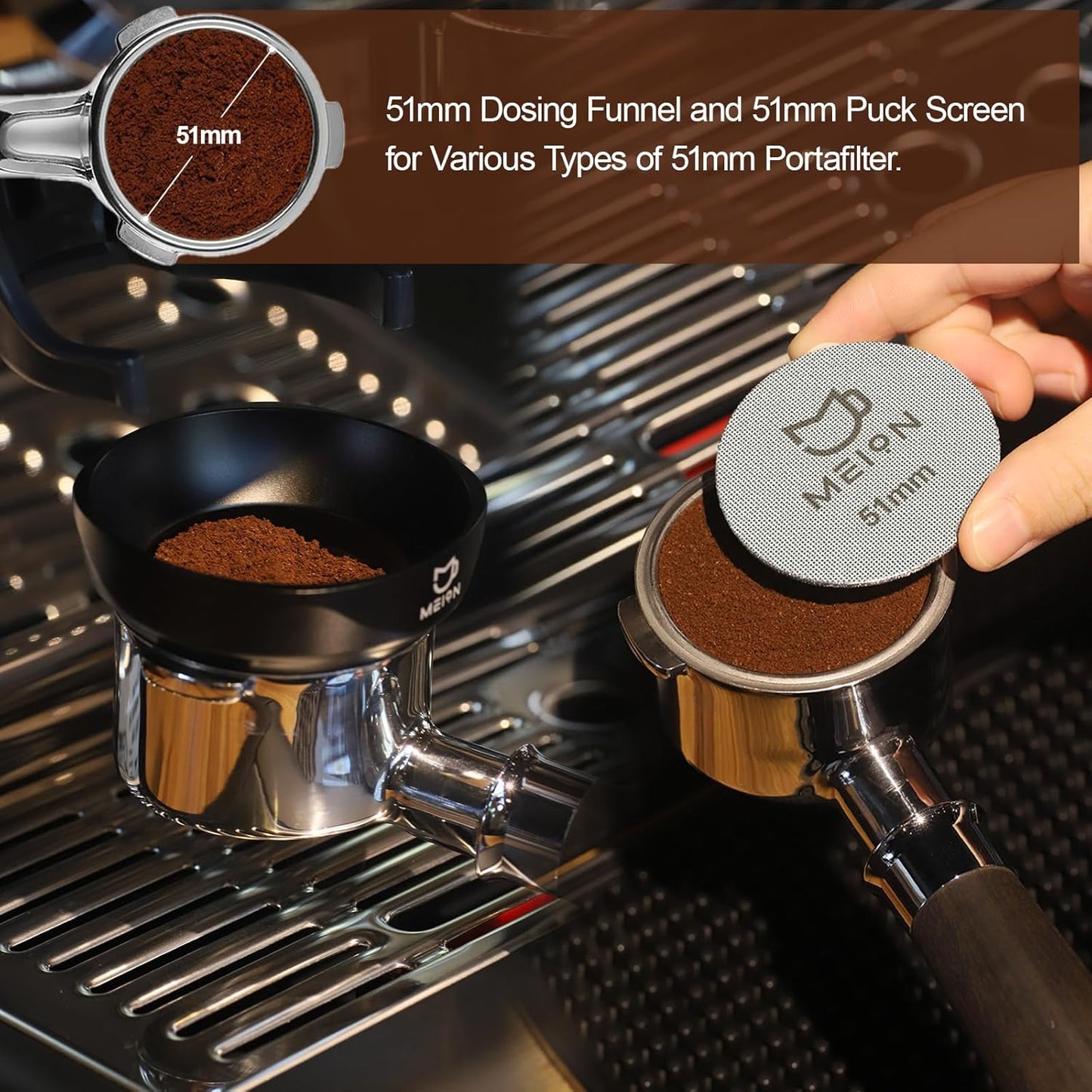 MEION 51mm Espresso Dosing Funnel and 51mm Puck Screen Set for 51mm Portafilters, Magnetic Coffee Portafilter Funnel, Reusable Espresso Puck Screen, Espresso Tools Espresso Accessories (51mm, Black)