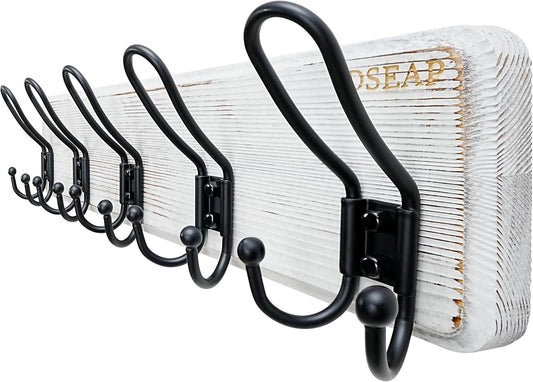 Dseap Coat Rack Wall Mounted - Heavy Duty Farmhouse Rustic Wall Coat Hanger with 5 Wire Hooks for Clothes Hat Jacket Towel, RusticWire, J1-5A, Whitewash & Black