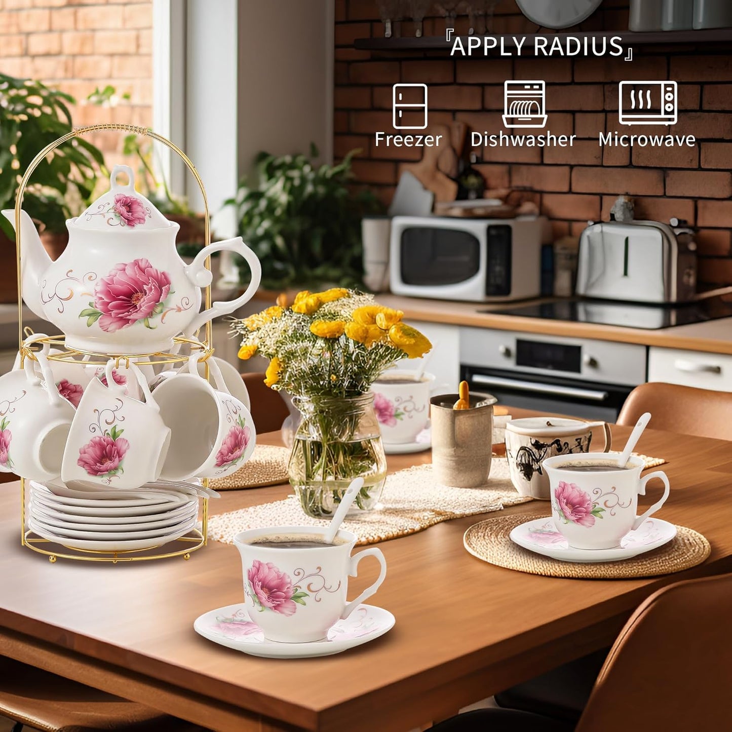 20-Pieces Tea Set For Adult with Golden Metal Rack,Porcelain Tea Sets For Women,Tea Gift Sets for Home&Party(015)