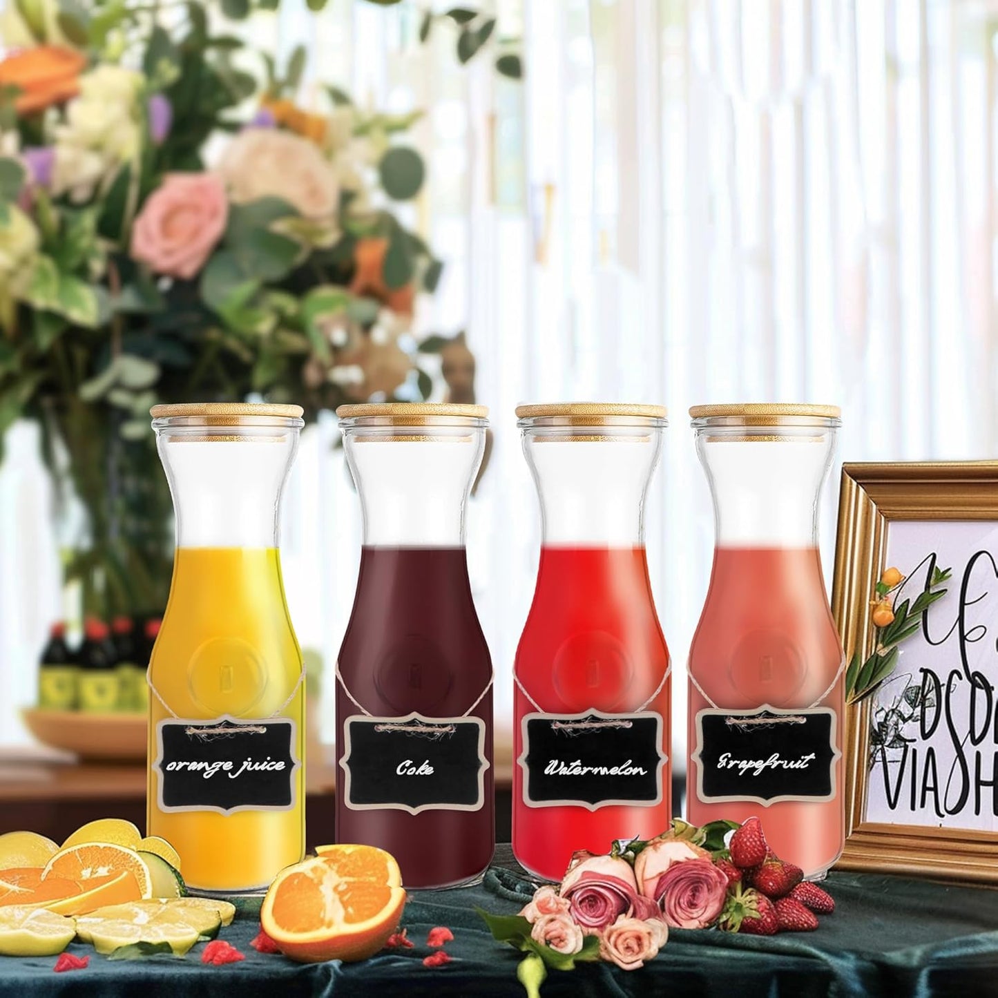 Glass Carafe with Bamboo Lid,35 Oz Beverage Dispensers Carafe,Mimosa Bar Supplies,Juice Bottles, Clear Glass Pitcher with Name Labels for Iced Tea,Coffee,Juice(Set of 4)