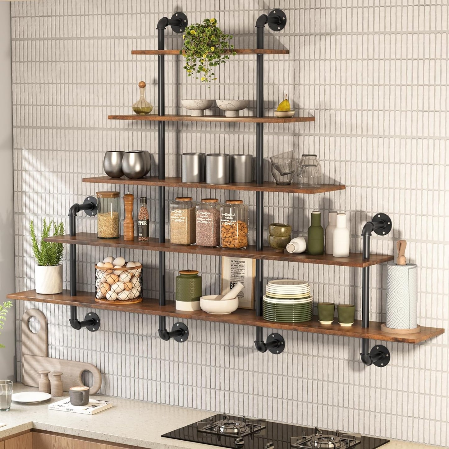 70" Industrial Pipe Shelving - 5 tier Rustic Solid Wood and Heavy Duty Metal Pipe Shelves for Wall,Kitchen Shelves Wall Mounted,Floating Bookshelf,Wall Shelves for Bathroom,Living Room,Coffee Bar