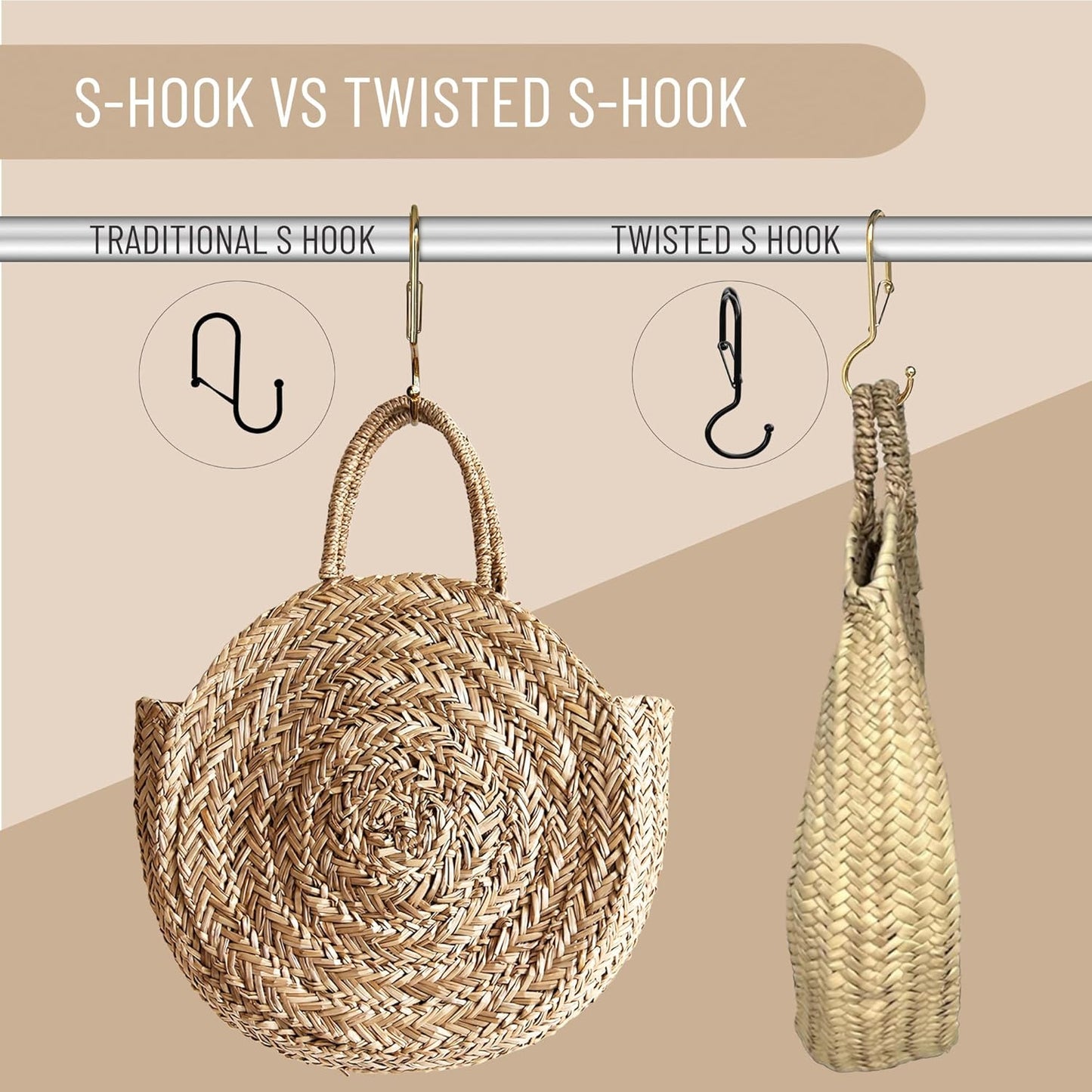 6 Purse Hanger for Closet. Tote Hanger. S-Shaped Hooks S Hooks Twist Design. Anti Drop S-Shaped Hook for Hanging Handbags with Safety Buckle to Prevent Falls. Heavy Duty. (Gold, Twisted)