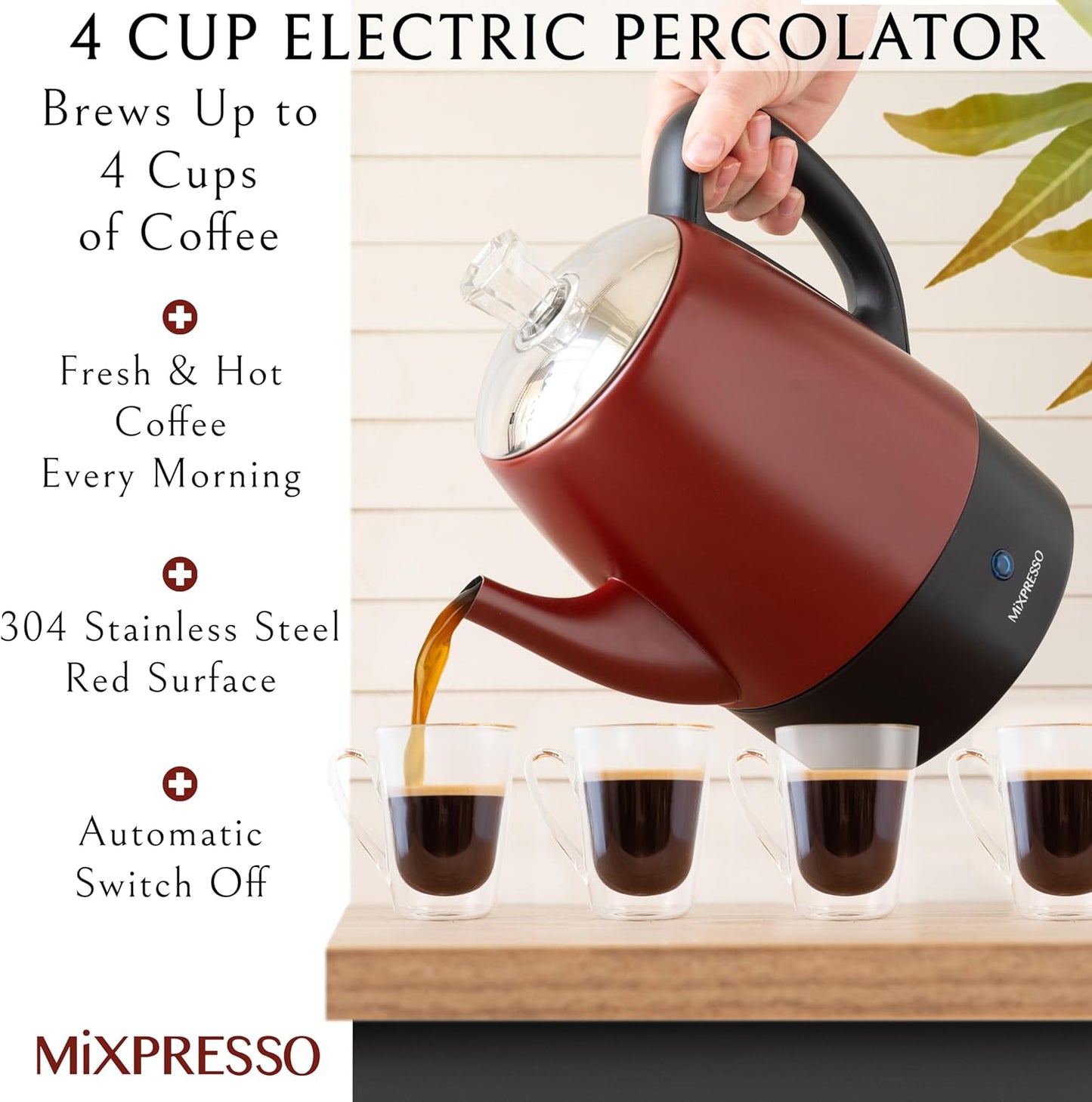 Mixpresso Red Small Percolator Coffee Pot Electric 4 Cup, Stainless Steel Coffee Maker, Coffee Percolator Electric With Keep Warm Function, 4 Cups Stainless Steel Perculator With Basket