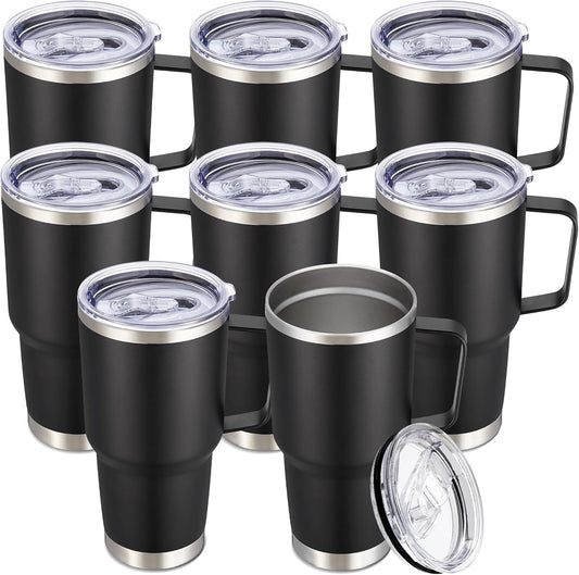 30 oz Tumbler with Handle and Lid, Stainless Steel Tumblers Bulk Double Wall Vacuum Insulated Travel Mug Leak Proof Cup Keep Drinks Cold and Hot Black, 8 Pack
