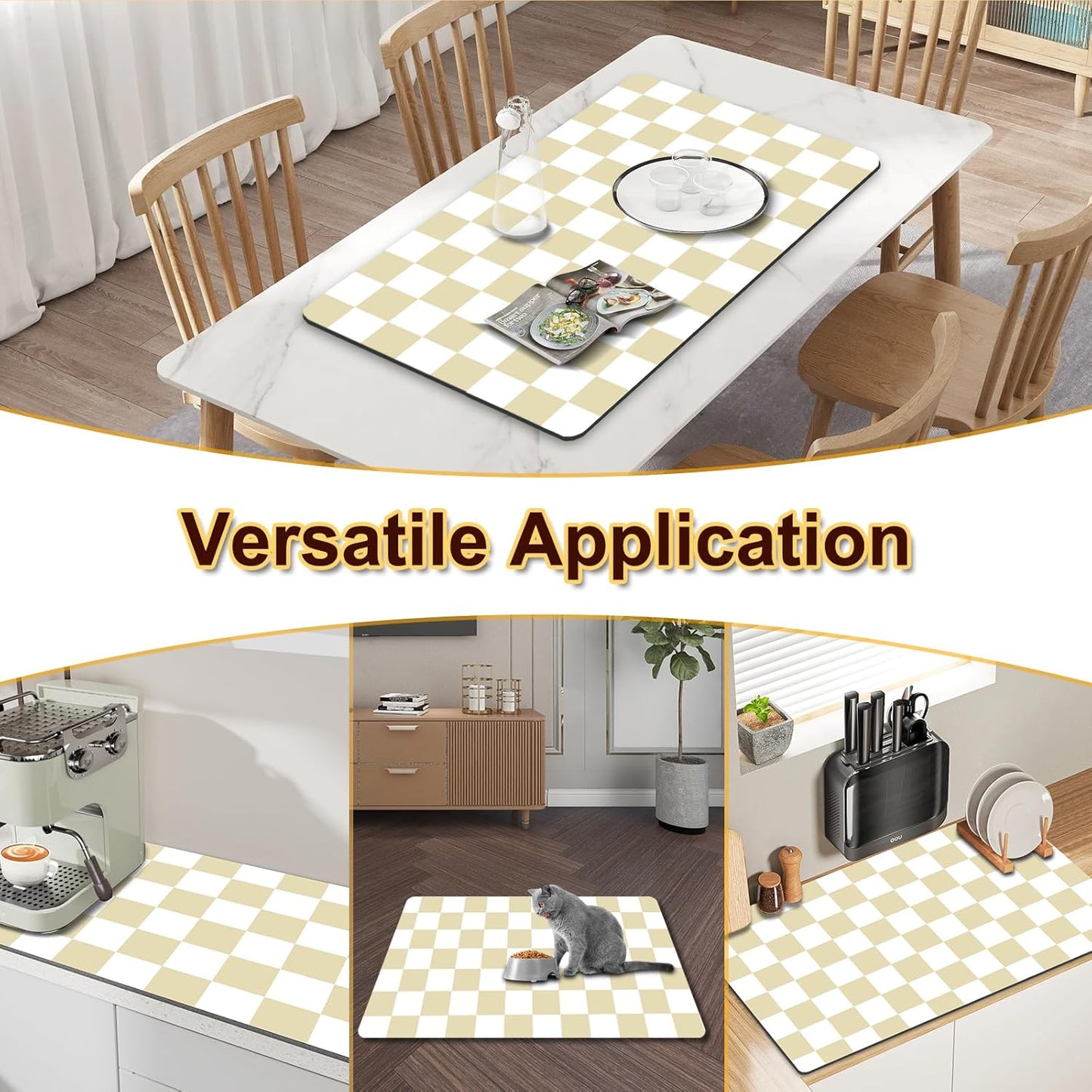 Dish Drying Mat for Kitchen, 15.7’’ X 17.7’’ Coffee Bar Mats for Countertop Fit Under Coffee Maker, Checkered Drying Mat, Hide Stain Rubber Backed Espresso Machine Absorbent Drying Pad, Beige & White