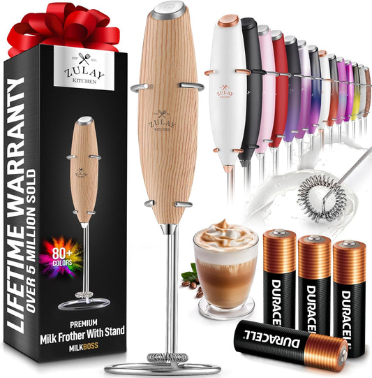 Zulay Kitchen Powerful Milk Frother Wand With 4 AA Duracell Batteries - Ultra Fast Handheld Drink Mixer - Electric Whisk Foam Maker for Coffee, Lattes, Cappuccino, Matcha & Creamer -