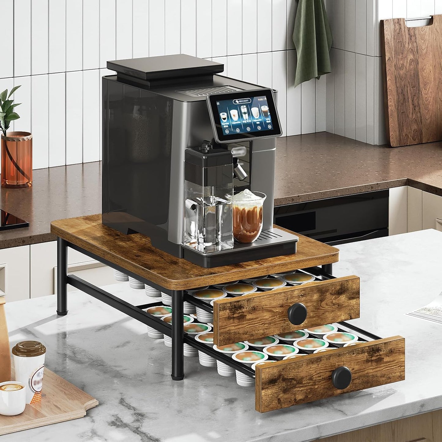 Coffee Pod Drawer Holder for K Cup, 56 Pods Capacity, 2 Tier Organizer for K Cup, Coffee Pod Organizer for Countertop, Space Saving, Easy Assembly, Rustic Brown KH28BRY1