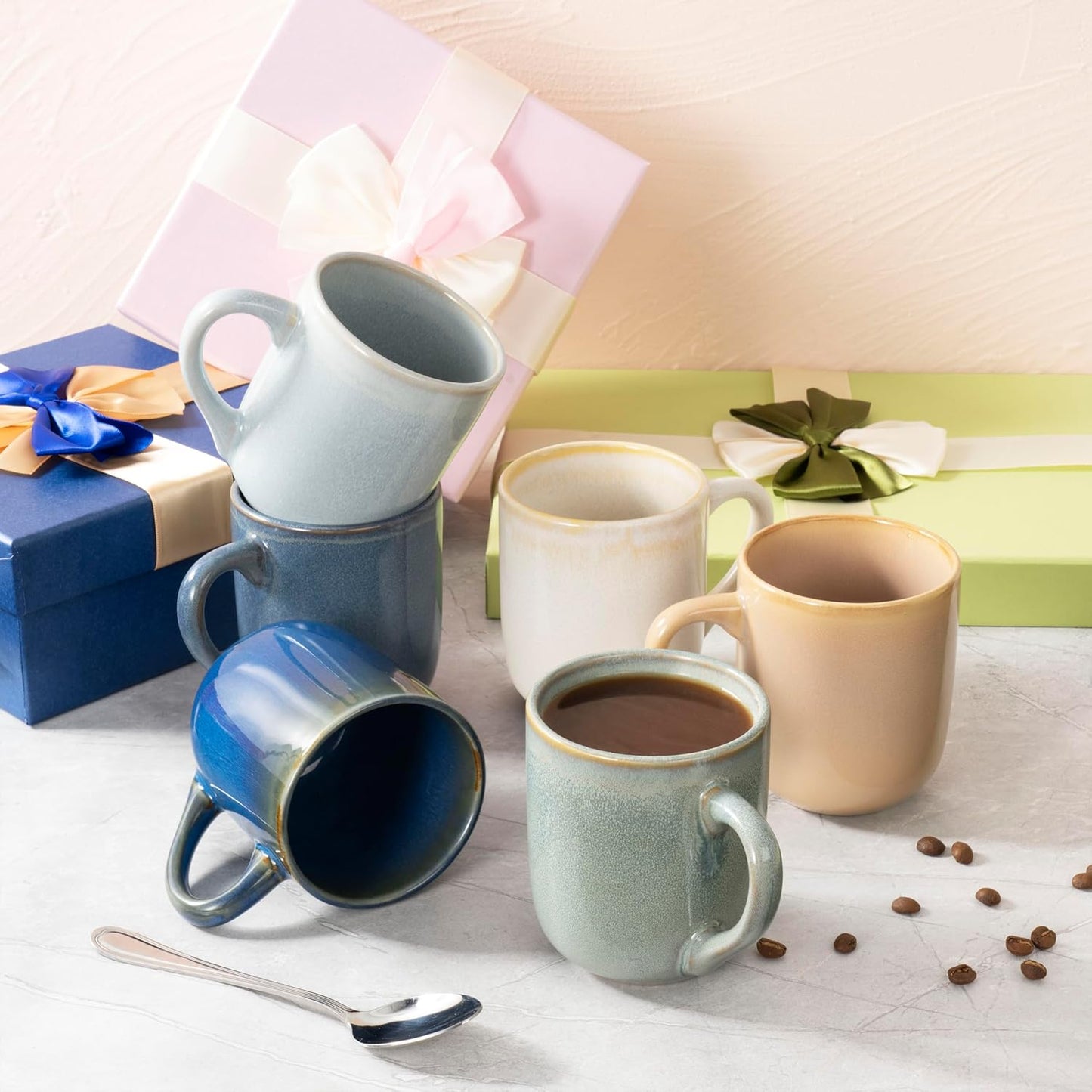 bestone Coffee Mugs Set of 6，12 oz Coffee Mugs, Ceramic Mugs with Handles,Cups Microwave & Dishwasher safe，Vibrant Colors