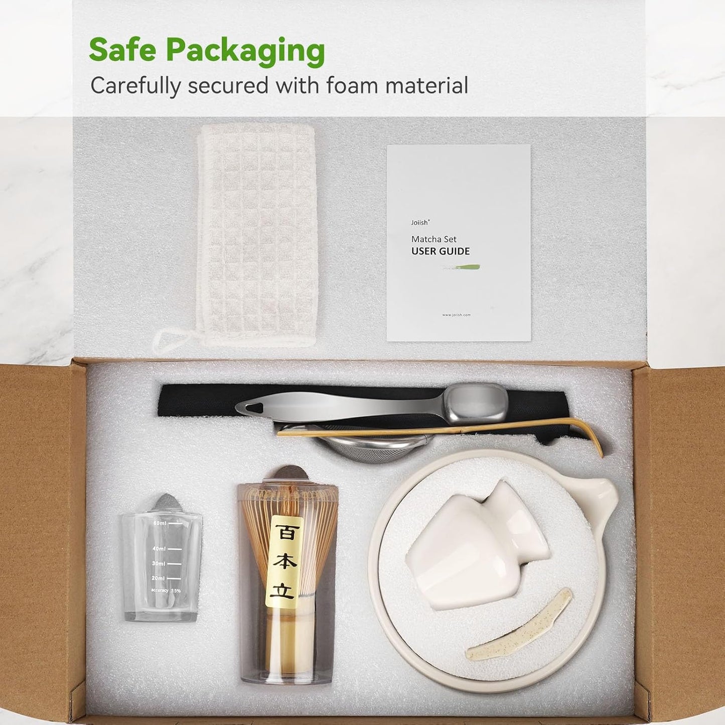 Matcha Tea Kit 10-Pcs Set, Whisk and Bowl with Spout & Measuring Spoon, Japanese Tea Making Tools, White