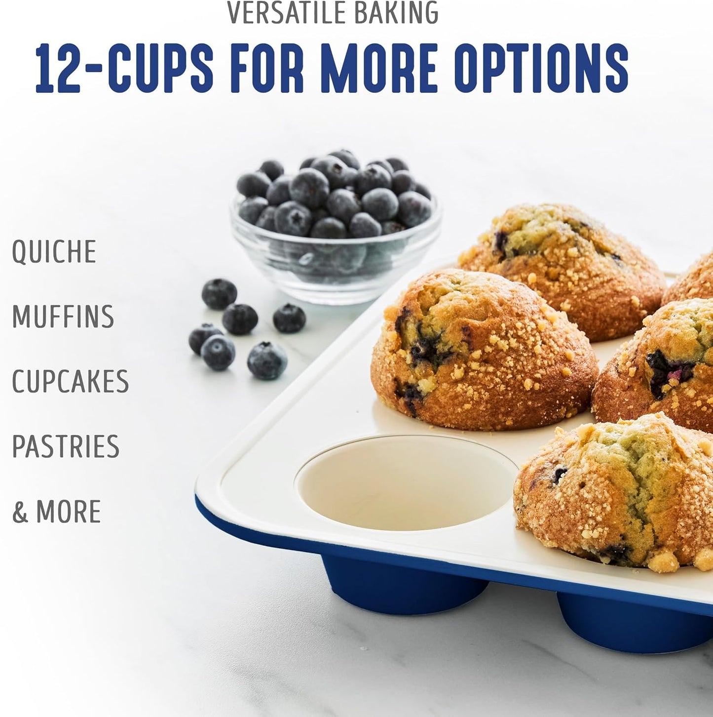 GreenLife 12-Cup Muffin Pan, Healthy Ceramic Nonstick Bakeware, PFOA & PFAS-Free Cupcake Sheet, Durable Baking Tray, Versatile Kitchen Essentials, Easy Clean Muffin Mold, Nonstick Baking Pan, Blue