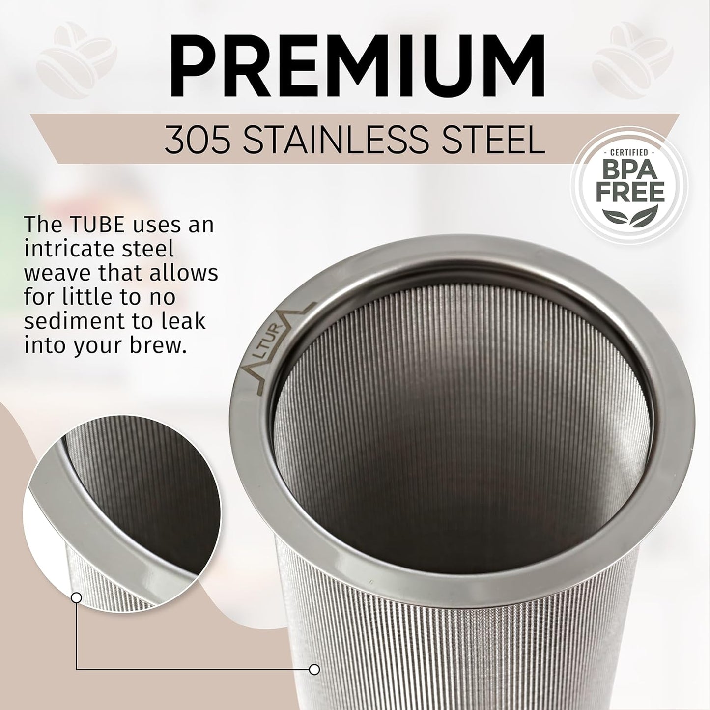 Altura The TUBE+ Cold Brew Coffee Maker and Tea Infuser for Wide Mouth Mason Jars - Stainless Steel Cold Brew Filter Strainer for Iced Coffee, Fruit Water & More - (64oz/2qt)