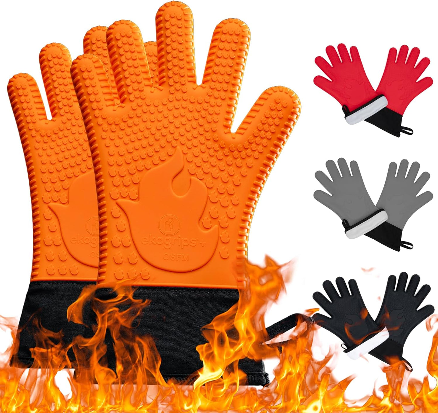 Ekogrips Plus Oven Gloves with Fingers, Comfy Waterproof Silicone Oven Mitts Heat Resistant with Long Cuff, Insulated BBQ Gloves Perfect for Grilling, Baking, Smoker, Canning, and Pizza, Orange, OSFM