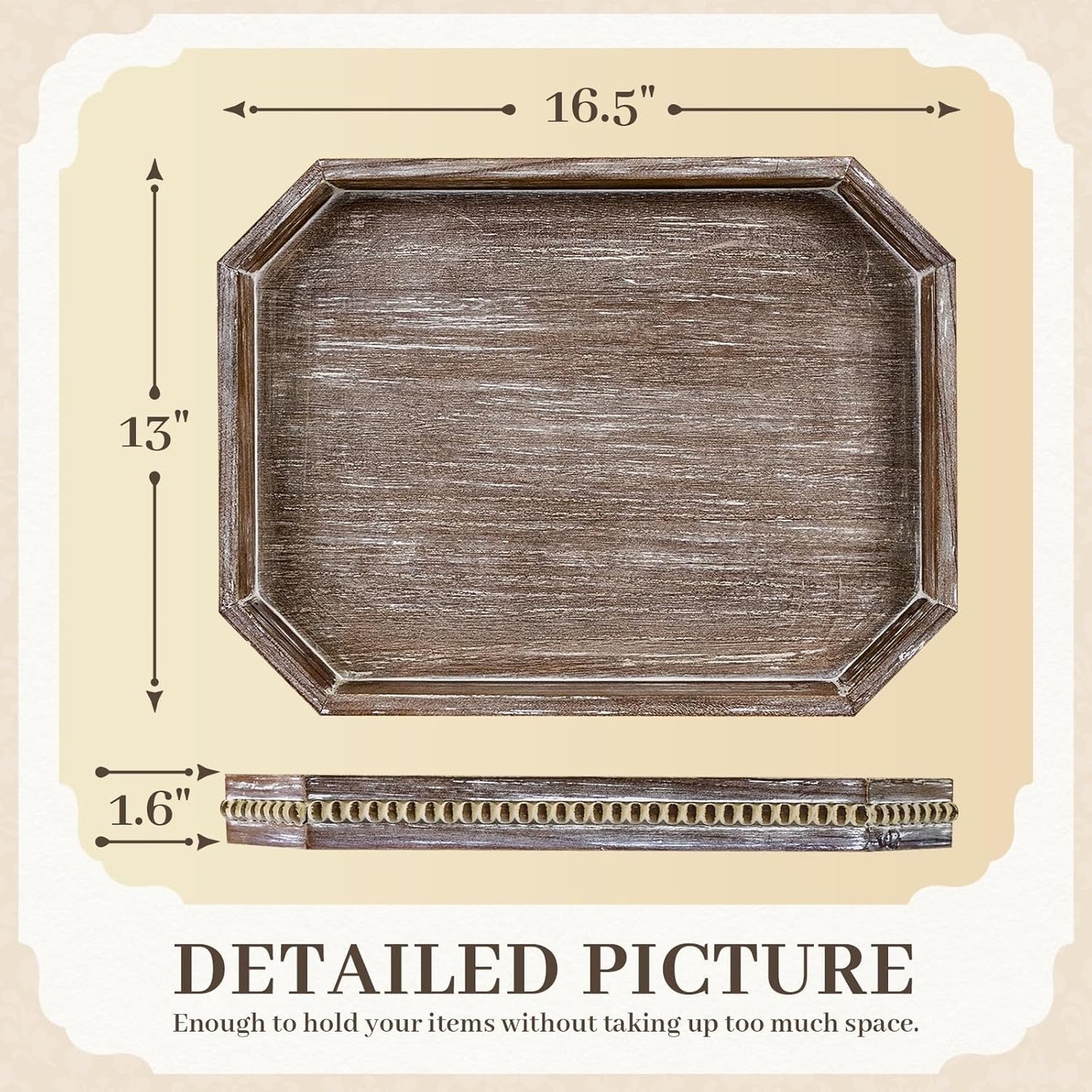 Wooden Decorative Tray, Rustic Serving Tray with Wood Bead, Farmhouse Big Tray for Ottoman, Countertop, Coffee Tabl, 16.5" x 13"x 1.6" (Retro Brown)