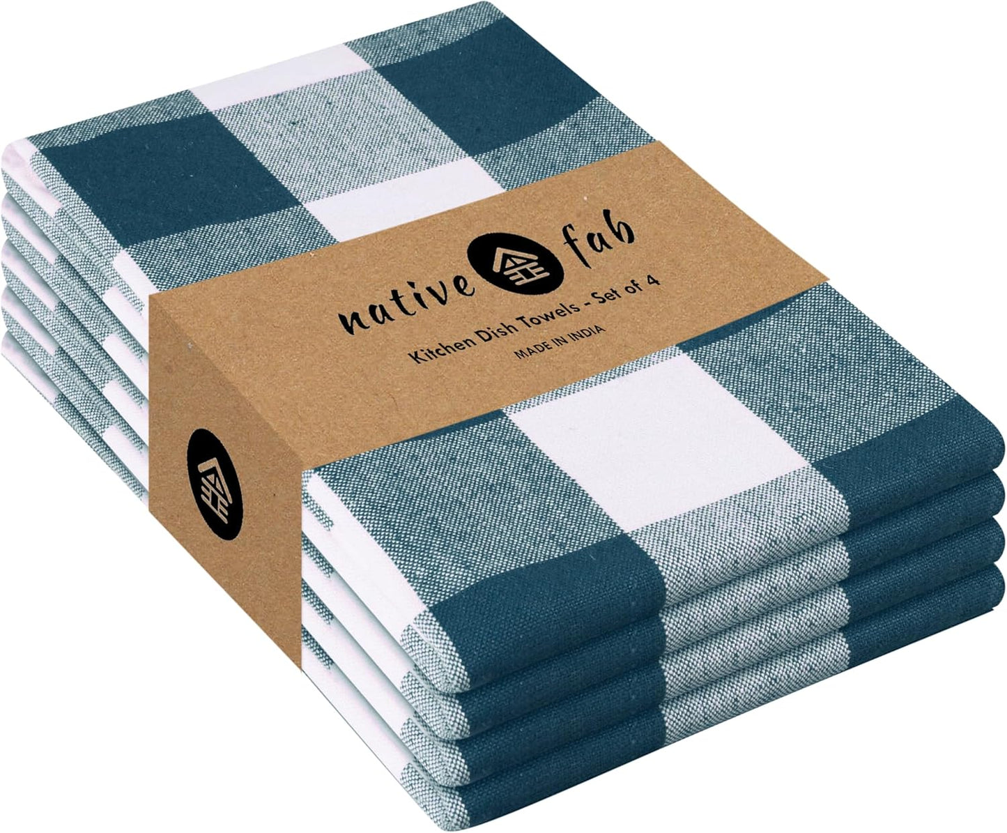 Native Fab 4-Pack Kitchen Towel with Hanging Loop 16x26 inches, Cotton Buffalo Check Kitchen Towels for Cleaning Drying, Washcloths Soft & Absorbent Cloth Rags, Bar Towel, Dish Cloth, Teal Green