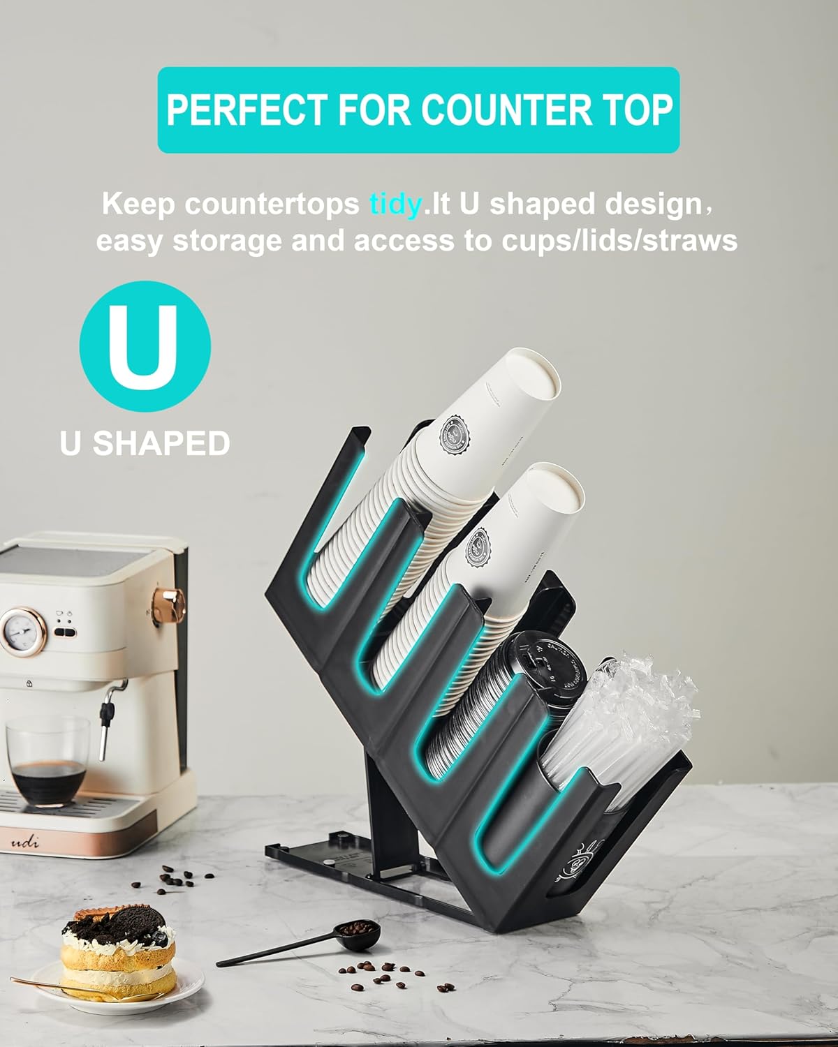 Cup Holder Lid Dispenser with Straw Organizer,Disposable Coffee Cup Dispenser,Cup Storage Organizer for Breakroom Countertop Coffee Station Bar Restaurant